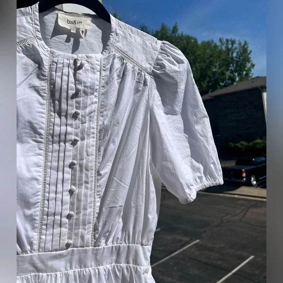 🆕ba&sh Cotton White Mini Dress Smocked Ruffle Hem Summer Casual Boho Chic Size S - Picture 13 of 17
